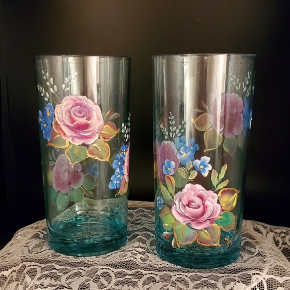 One left...Hand painted blue mist glasses with pink roses
